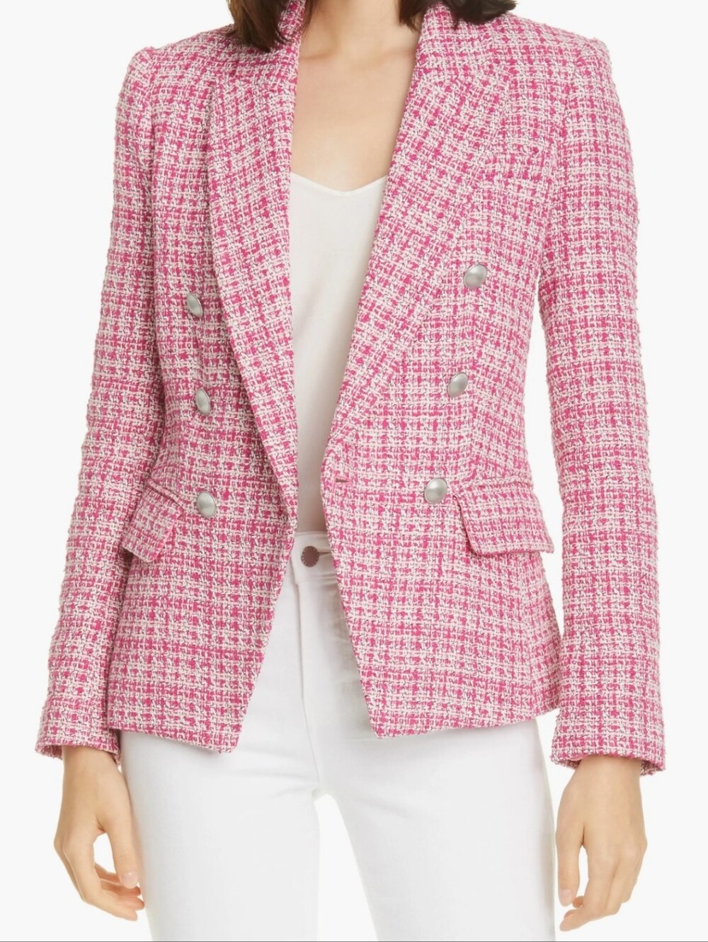 Lagence Kenzie Women's Double-Breasted Pink Tweed Blazer Jacket